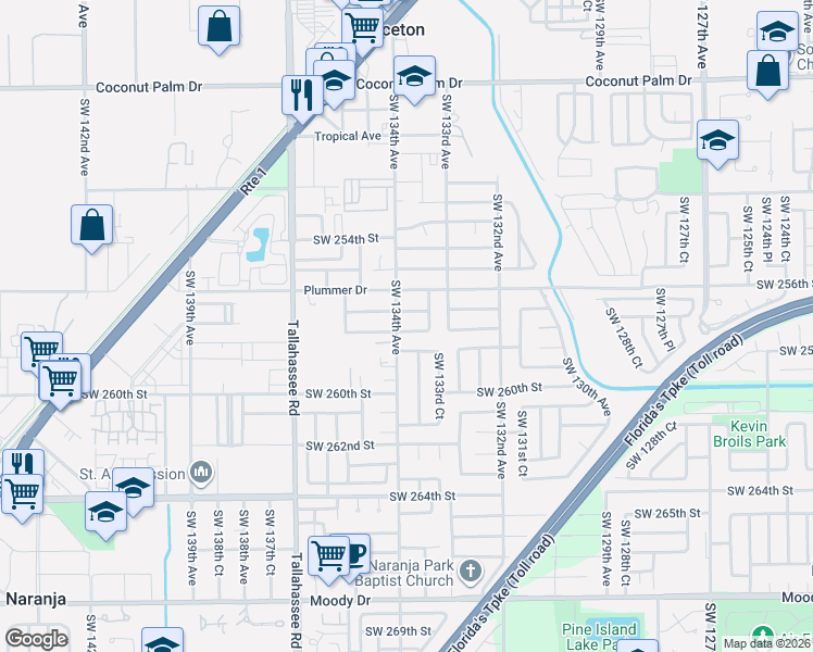 map of restaurants, bars, coffee shops, grocery stores, and more near 13351 Southwest 256th Terrace in Homestead