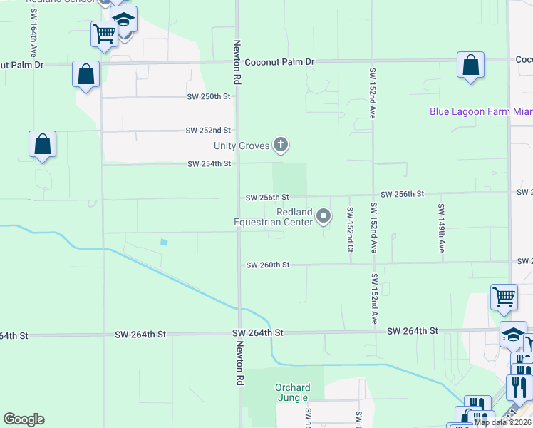 map of restaurants, bars, coffee shops, grocery stores, and more near 15590 Southwest 256th Street in Homestead