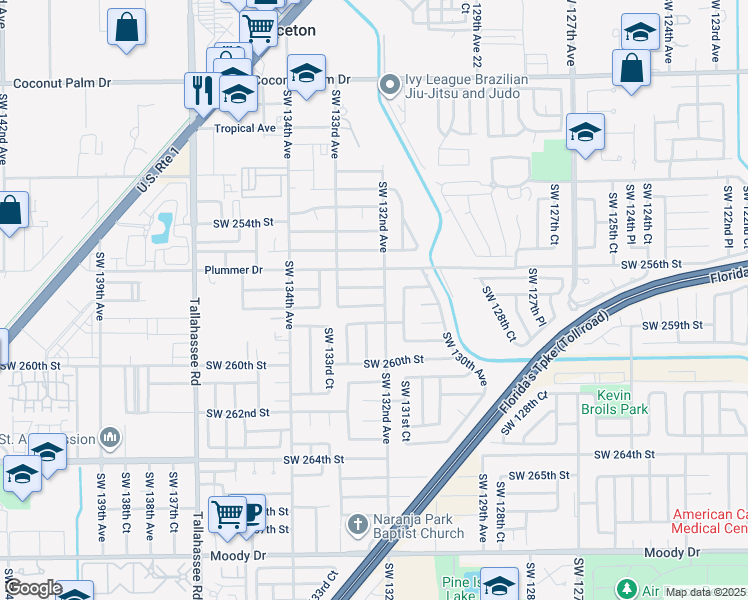 map of restaurants, bars, coffee shops, grocery stores, and more near 25621 Southwest 132nd Avenue in Homestead
