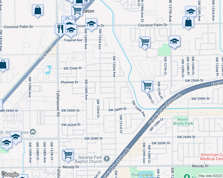 map of restaurants, bars, coffee shops, grocery stores, and more near 25621 Southwest 132nd Avenue in Homestead
