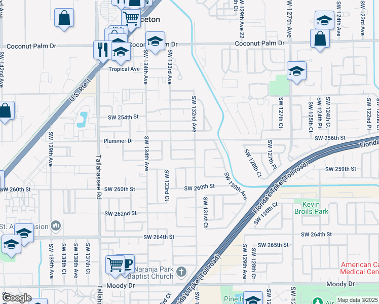 map of restaurants, bars, coffee shops, grocery stores, and more near 25621 Southwest 132nd Avenue in Homestead