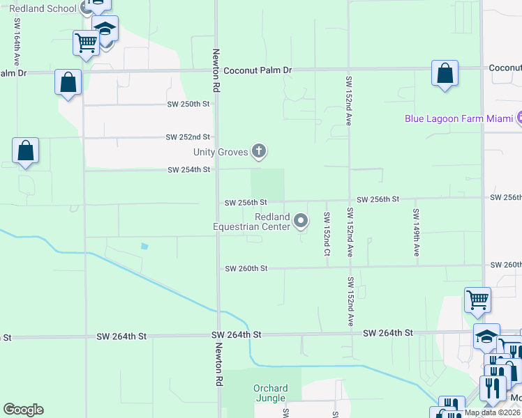 map of restaurants, bars, coffee shops, grocery stores, and more near 15430 Southwest 256th Street in Homestead