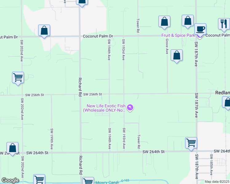 map of restaurants, bars, coffee shops, grocery stores, and more near 19300 Southwest 256th Street in Homestead