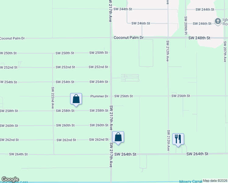 map of restaurants, bars, coffee shops, grocery stores, and more near 25501 Southwest 217th Avenue in Homestead