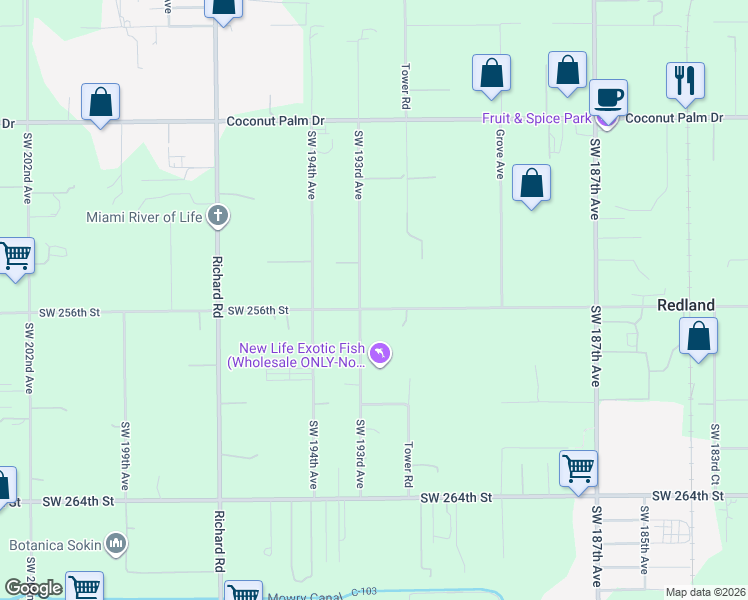 map of restaurants, bars, coffee shops, grocery stores, and more near 19275 Southwest 256th Street in Homestead