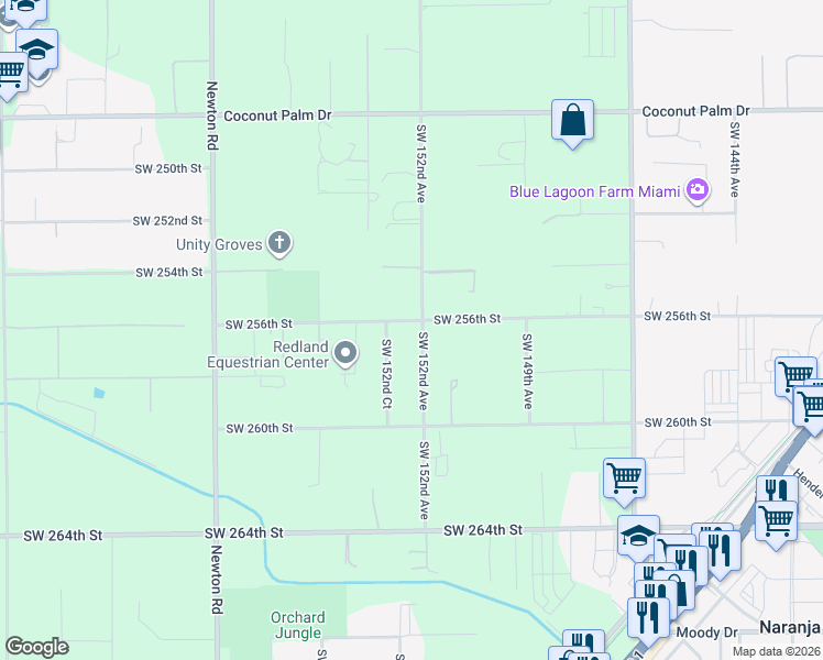 map of restaurants, bars, coffee shops, grocery stores, and more near 25600 Southwest 152nd Avenue in Homestead