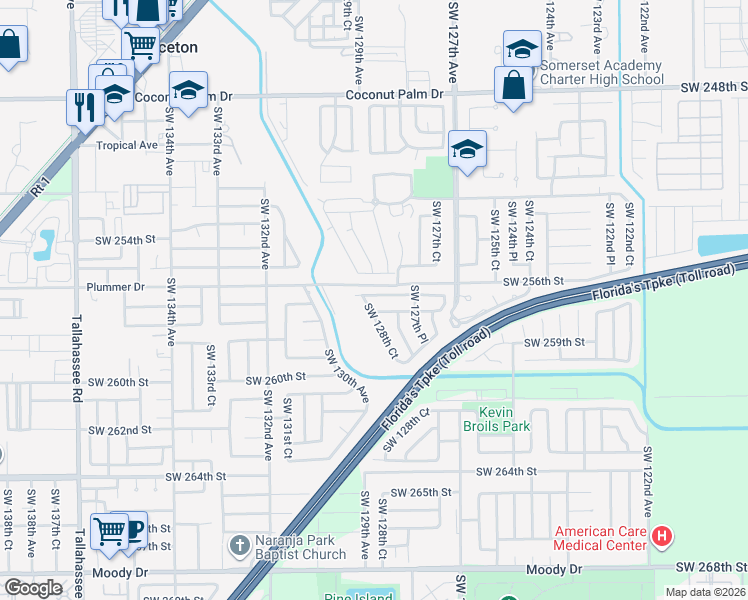 map of restaurants, bars, coffee shops, grocery stores, and more near 12841 Southwest 257th Street in Homestead