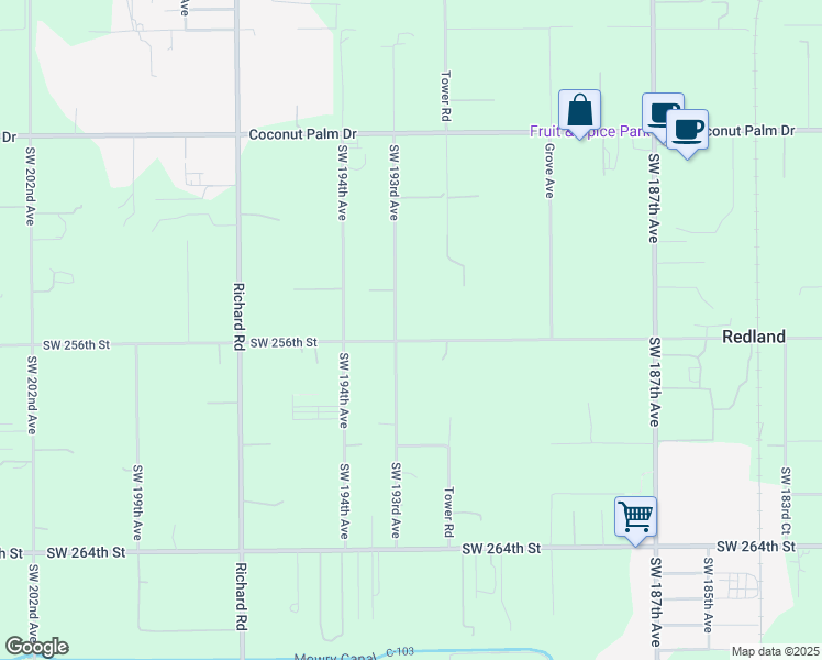 map of restaurants, bars, coffee shops, grocery stores, and more near 19275 Southwest 256th Street in Homestead