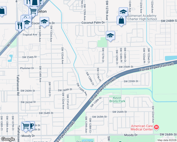 map of restaurants, bars, coffee shops, grocery stores, and more near 12841 Southwest 257th Street in Homestead