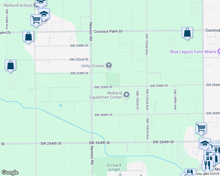 map of restaurants, bars, coffee shops, grocery stores, and more near 15430 Southwest 256th Street in Homestead