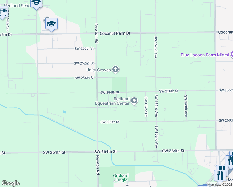 map of restaurants, bars, coffee shops, grocery stores, and more near 15430 Southwest 256th Street in Homestead