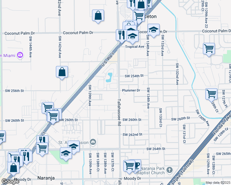 map of restaurants, bars, coffee shops, grocery stores, and more near 13700 Southwest 256th Street in Homestead