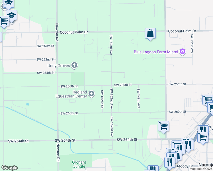 map of restaurants, bars, coffee shops, grocery stores, and more near 25600 Southwest 152nd Avenue in Homestead