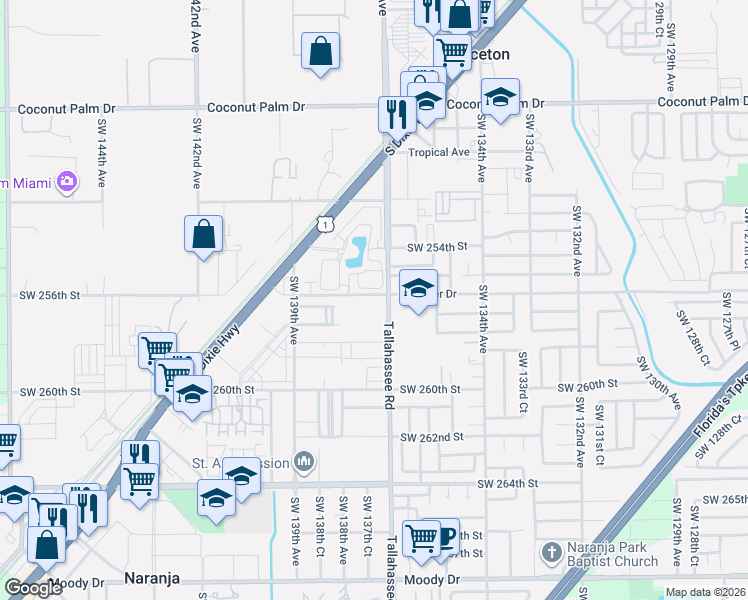 map of restaurants, bars, coffee shops, grocery stores, and more near 13710 Southwest 256th Street in Naranja
