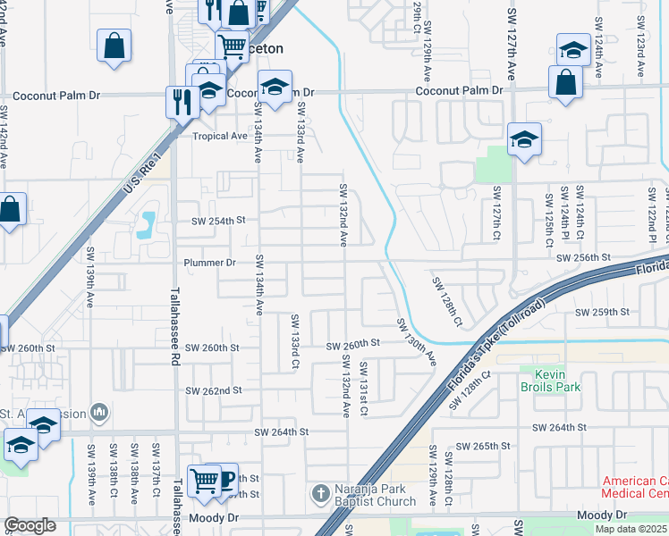 map of restaurants, bars, coffee shops, grocery stores, and more near 13220 Southwest 256th Street in Homestead
