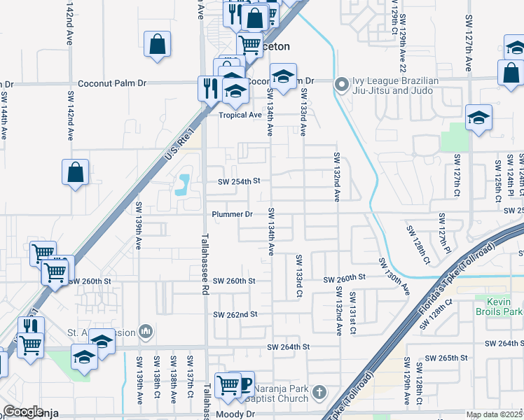 map of restaurants, bars, coffee shops, grocery stores, and more near 13411 Southwest 255th Terrace in Homestead