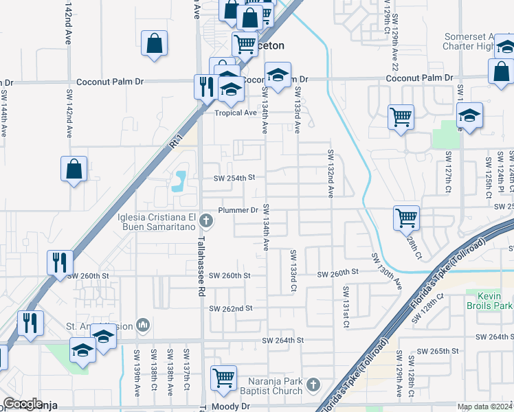 map of restaurants, bars, coffee shops, grocery stores, and more near 13411 Southwest 255th Terrace in Homestead