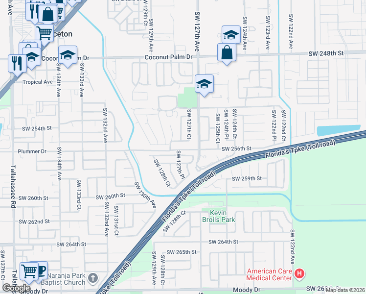 map of restaurants, bars, coffee shops, grocery stores, and more near 25515 Southwest 128th Avenue in Homestead