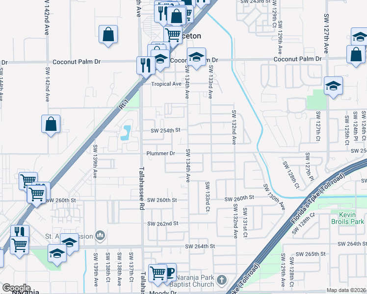 map of restaurants, bars, coffee shops, grocery stores, and more near 13411 Southwest 255th Terrace in Homestead