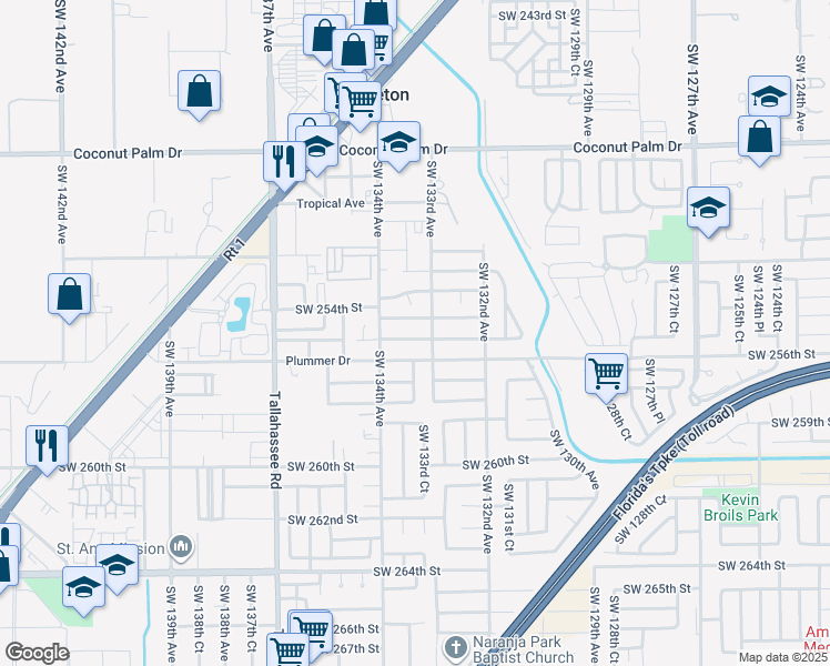 map of restaurants, bars, coffee shops, grocery stores, and more near 13334 Southwest 255th Terrace in Princeton