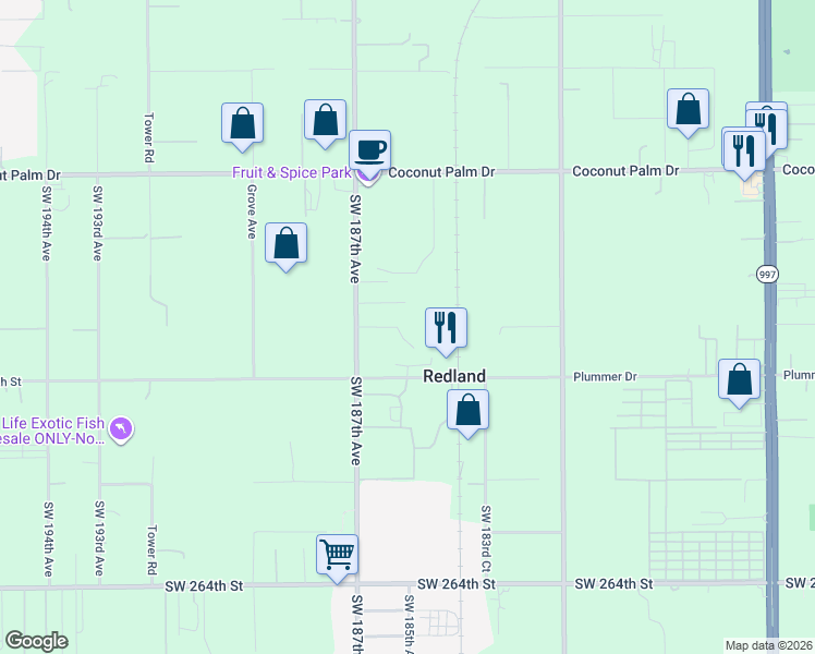 map of restaurants, bars, coffee shops, grocery stores, and more near Southwest 253rd Street in Homestead