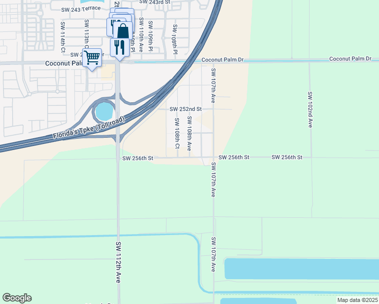 map of restaurants, bars, coffee shops, grocery stores, and more near 25581 Southwest 108th Avenue in Homestead