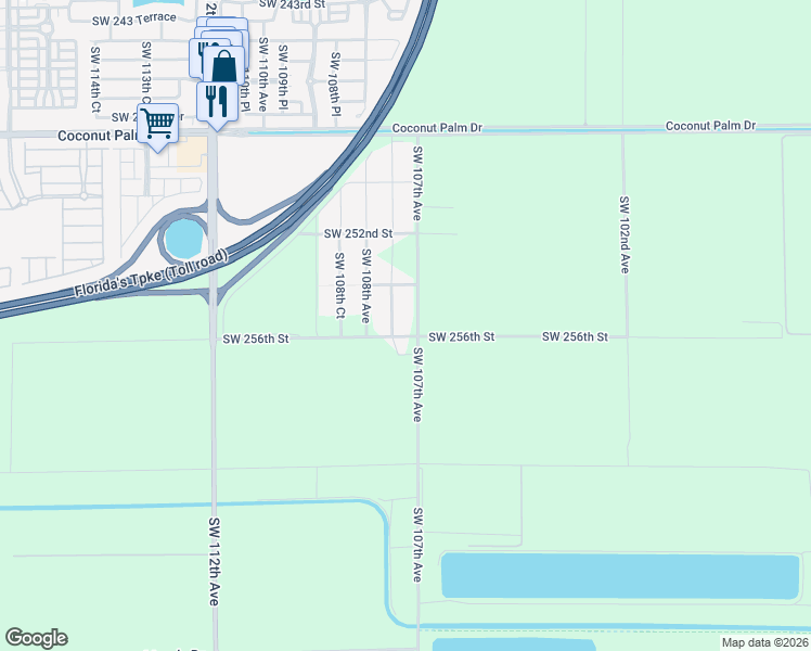 map of restaurants, bars, coffee shops, grocery stores, and more near 25525 Southwest 107th Court in Homestead
