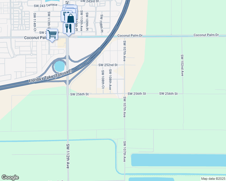 map of restaurants, bars, coffee shops, grocery stores, and more near 25581 Southwest 108th Avenue in Homestead