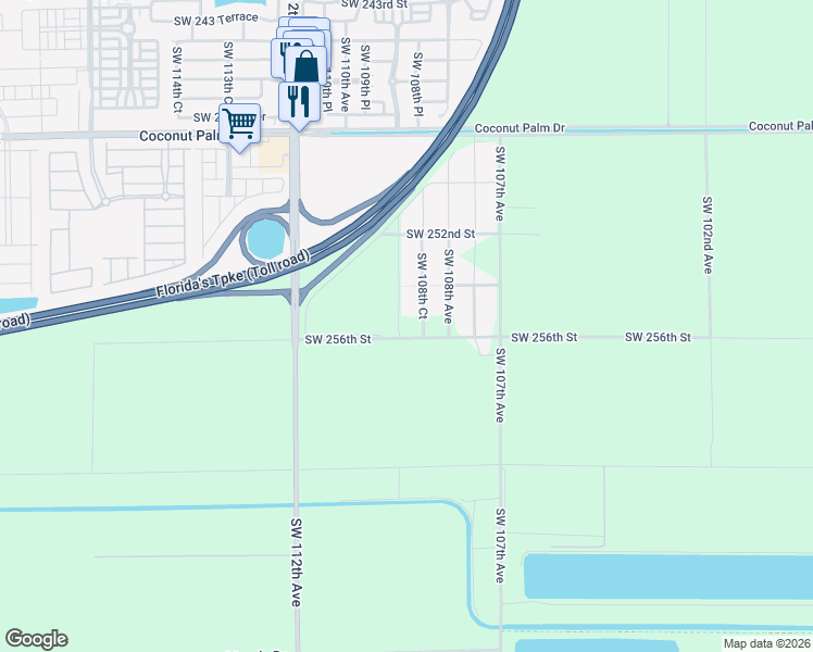 map of restaurants, bars, coffee shops, grocery stores, and more near 25581 Southwest 108th Court in Homestead