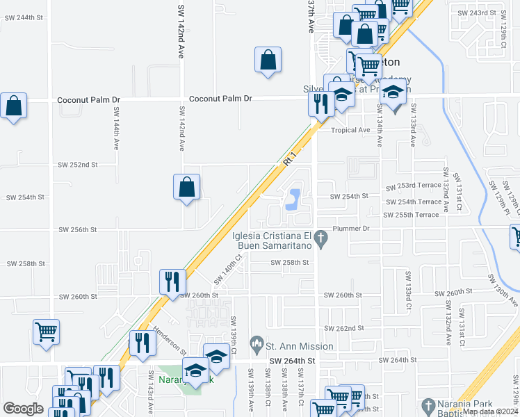 map of restaurants, bars, coffee shops, grocery stores, and more near 25555 Southwest 139th Avenue in Homestead