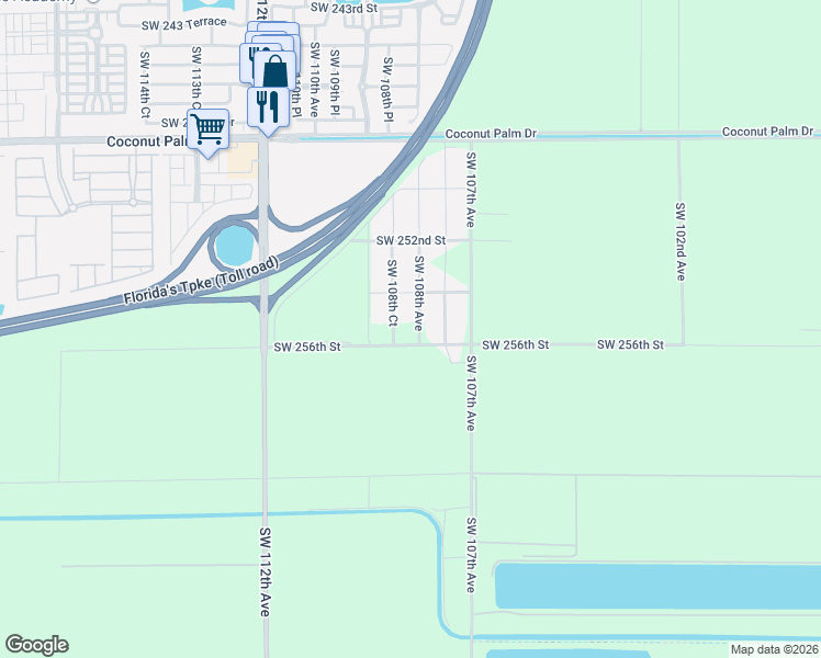 map of restaurants, bars, coffee shops, grocery stores, and more near 25581 Southwest 108th Court in Homestead