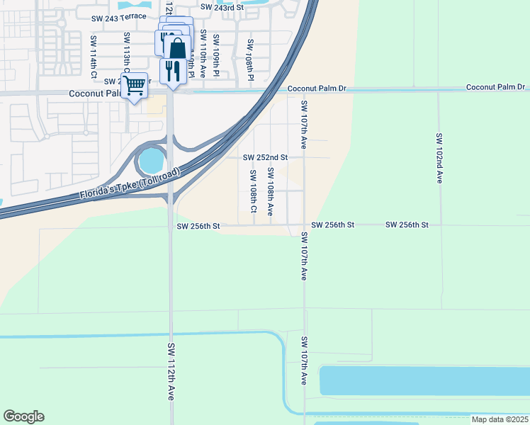 map of restaurants, bars, coffee shops, grocery stores, and more near 25581 Southwest 108th Court in Homestead