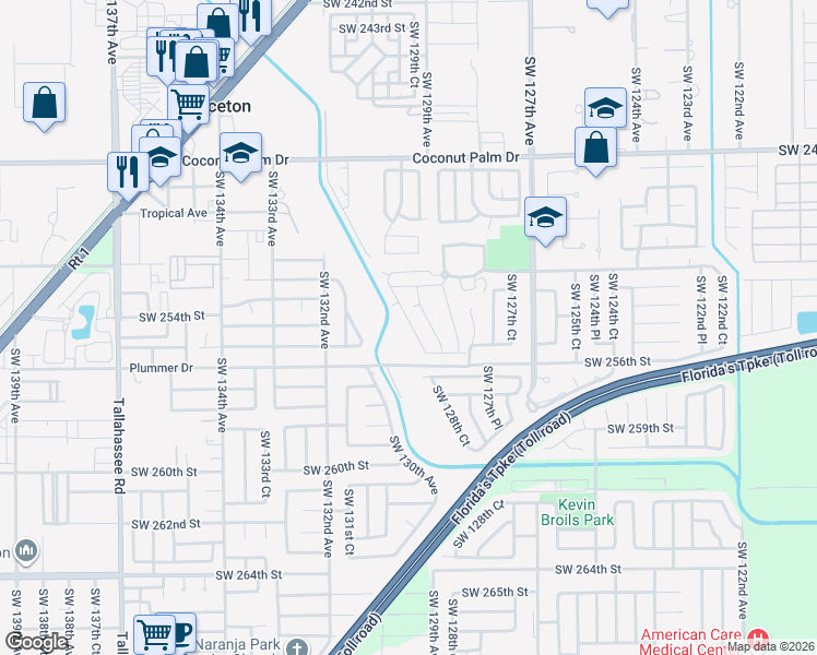 map of restaurants, bars, coffee shops, grocery stores, and more near 25490 Southwest 129th Place in Princeton