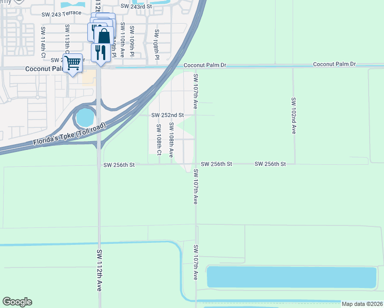 map of restaurants, bars, coffee shops, grocery stores, and more near 25525 Southwest 107th Court in Homestead