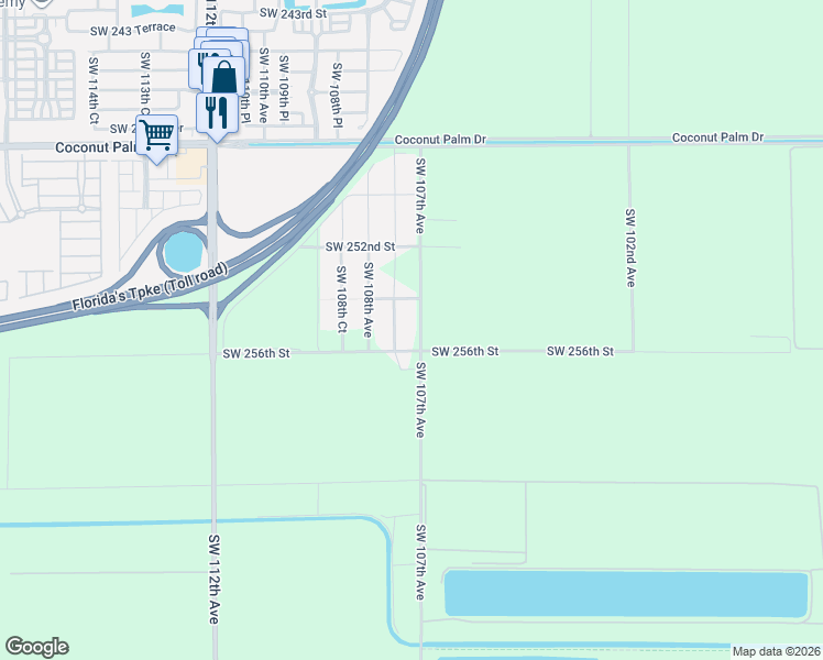 map of restaurants, bars, coffee shops, grocery stores, and more near 25525 Southwest 107th Court in Homestead