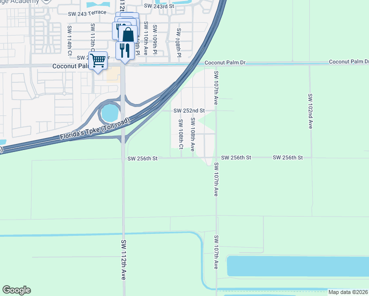 map of restaurants, bars, coffee shops, grocery stores, and more near 25581 Southwest 108th Court in Homestead