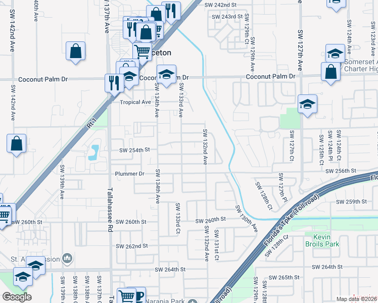 map of restaurants, bars, coffee shops, grocery stores, and more near 13256 Southwest 253rd Terrace in Princeton