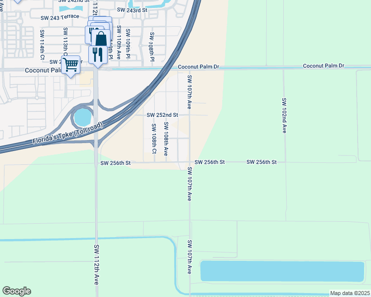 map of restaurants, bars, coffee shops, grocery stores, and more near 25412 Southwest 107th Avenue in Homestead