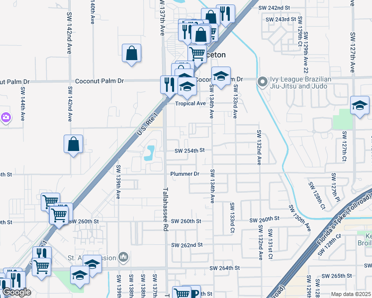 map of restaurants, bars, coffee shops, grocery stores, and more near 13501 Southwest 254th Street in Princeton