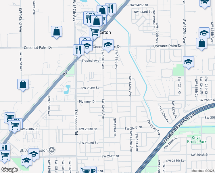 map of restaurants, bars, coffee shops, grocery stores, and more near 13355 Southwest 253rd Terrace in Homestead