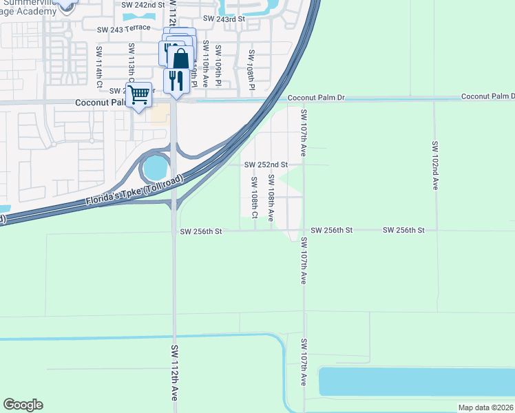 map of restaurants, bars, coffee shops, grocery stores, and more near 25380 Southwest 108th Court in Homestead