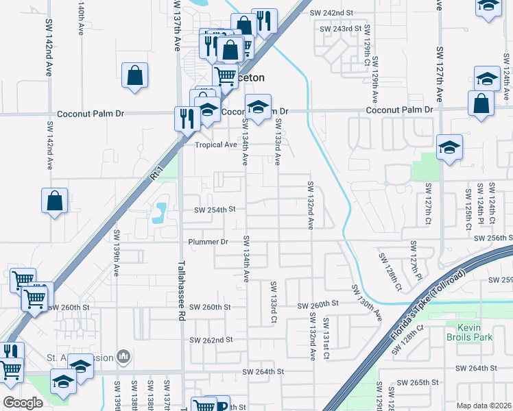 map of restaurants, bars, coffee shops, grocery stores, and more near 13355 Southwest 253rd Terrace in Homestead