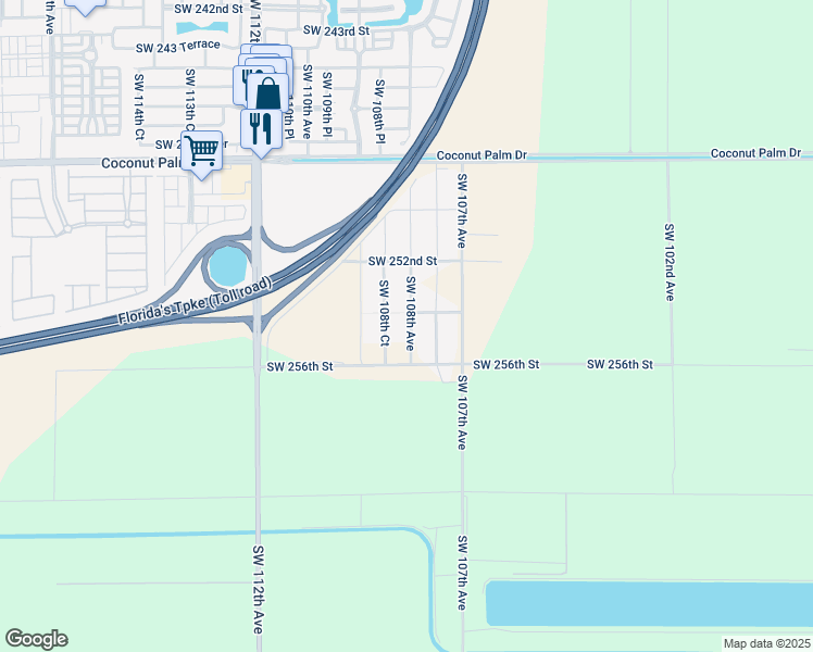 map of restaurants, bars, coffee shops, grocery stores, and more near 10760 Southwest 254th Street in Homestead