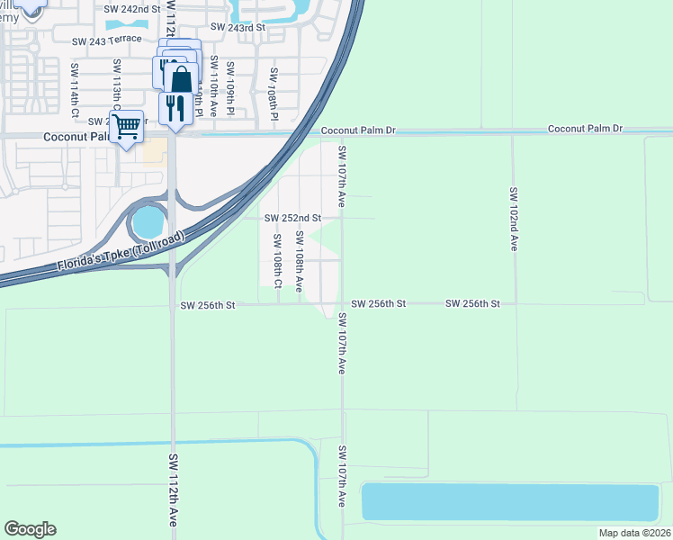 map of restaurants, bars, coffee shops, grocery stores, and more near 25422 Southwest 107th Avenue in Homestead