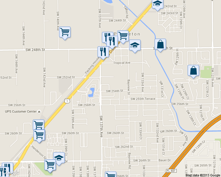 map of restaurants, bars, coffee shops, grocery stores, and more near 13590 Southwest 253rd Street in Homestead