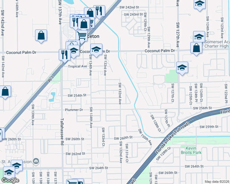 map of restaurants, bars, coffee shops, grocery stores, and more near 13256 Southwest 253rd Terrace in Princeton