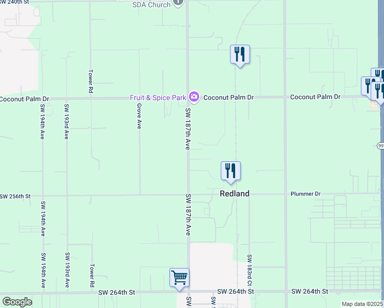 map of restaurants, bars, coffee shops, grocery stores, and more near 25200 Southwest 187th Avenue in Homestead