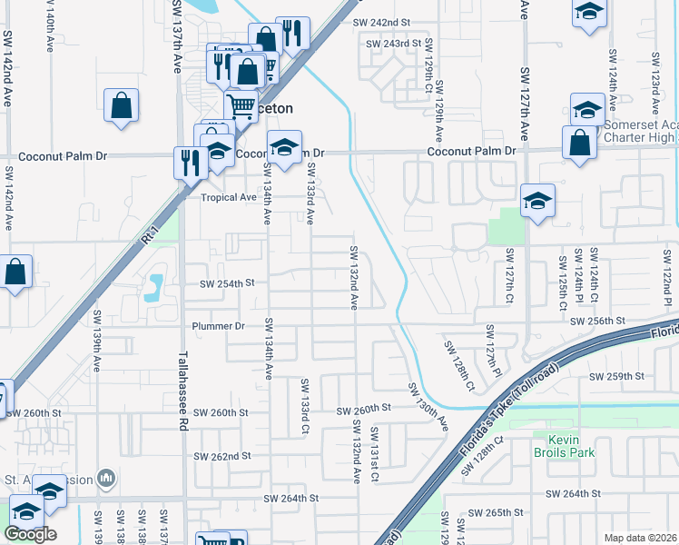 map of restaurants, bars, coffee shops, grocery stores, and more near 13256 Southwest 253rd Terrace in Princeton