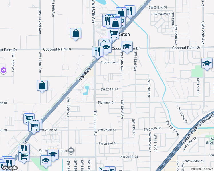 map of restaurants, bars, coffee shops, grocery stores, and more near 13501 Southwest 254th Street in Princeton