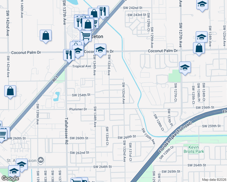 map of restaurants, bars, coffee shops, grocery stores, and more near 13256 Southwest 253rd Terrace in Princeton